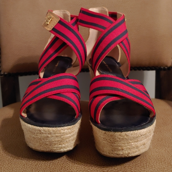 Cherry and Navy Striped Wedges - Picture 2 of 2